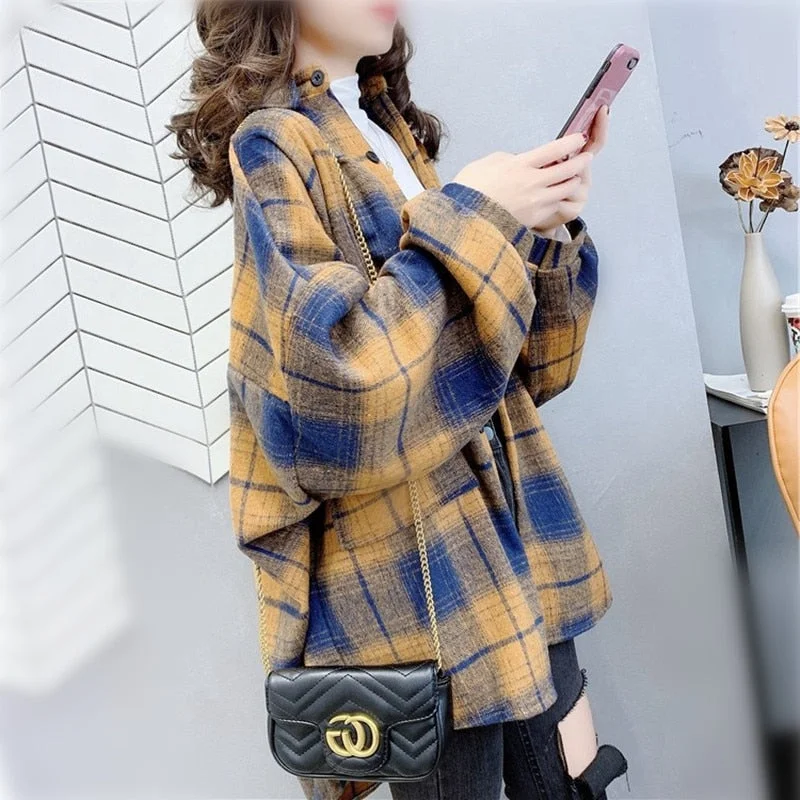 Zoki Vintage Women Plaid Shirt Autumn Loose Long Sleeve Turn Down Collar Button Up Korean Shirts Casual Oversize Female Tops