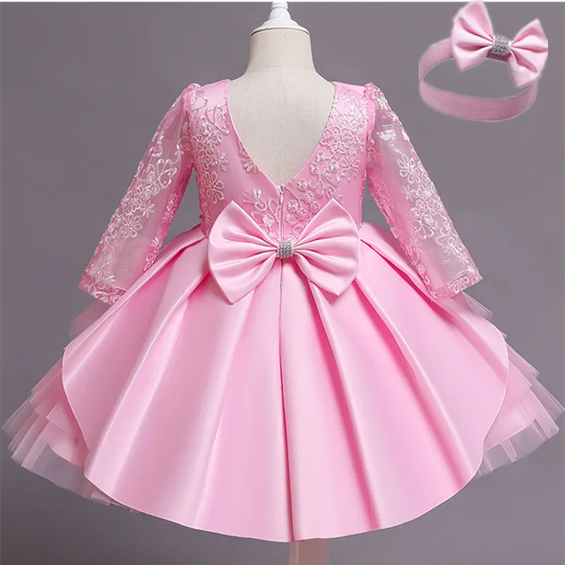 Vintage Baby Girl Birthday Red Tutu Princess Dress Kid Autumn Long Sleeve Christmas Prom Cloth Flower Girl New Year Lace Vestido