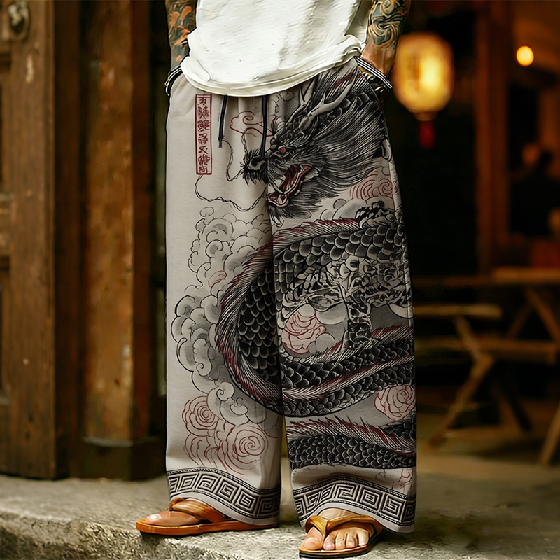 Men's Vintage Japanese Dragon Art Printed Casual Pants elevenforest