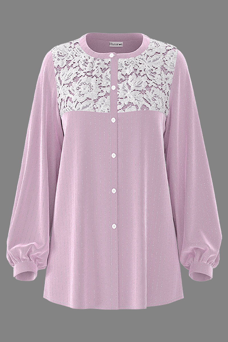 Flycurvy Plus Size Casual Mauve Lace Stitching Velvet Hot Stamping Lantern Sleeve Blouses