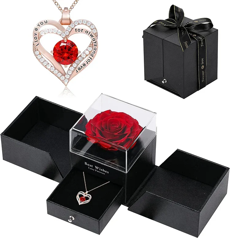 Preserved Real Rose With Forever Love Heart Necklace Gift Set