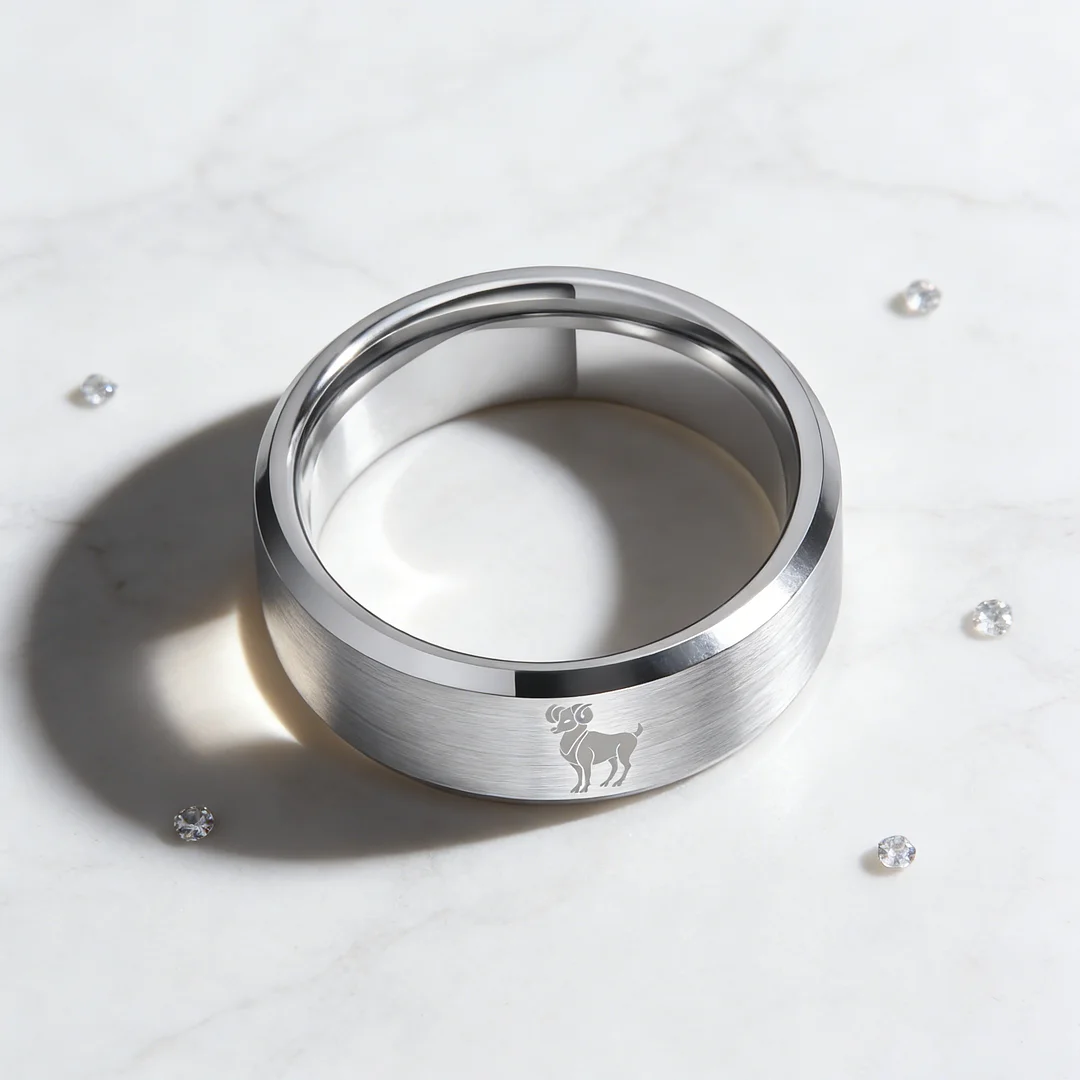 Beveled Edges Laser Etched Tungsten Carbide Rings Sliver Aries Couple Wedding Bands 4MM 6MM 8MM