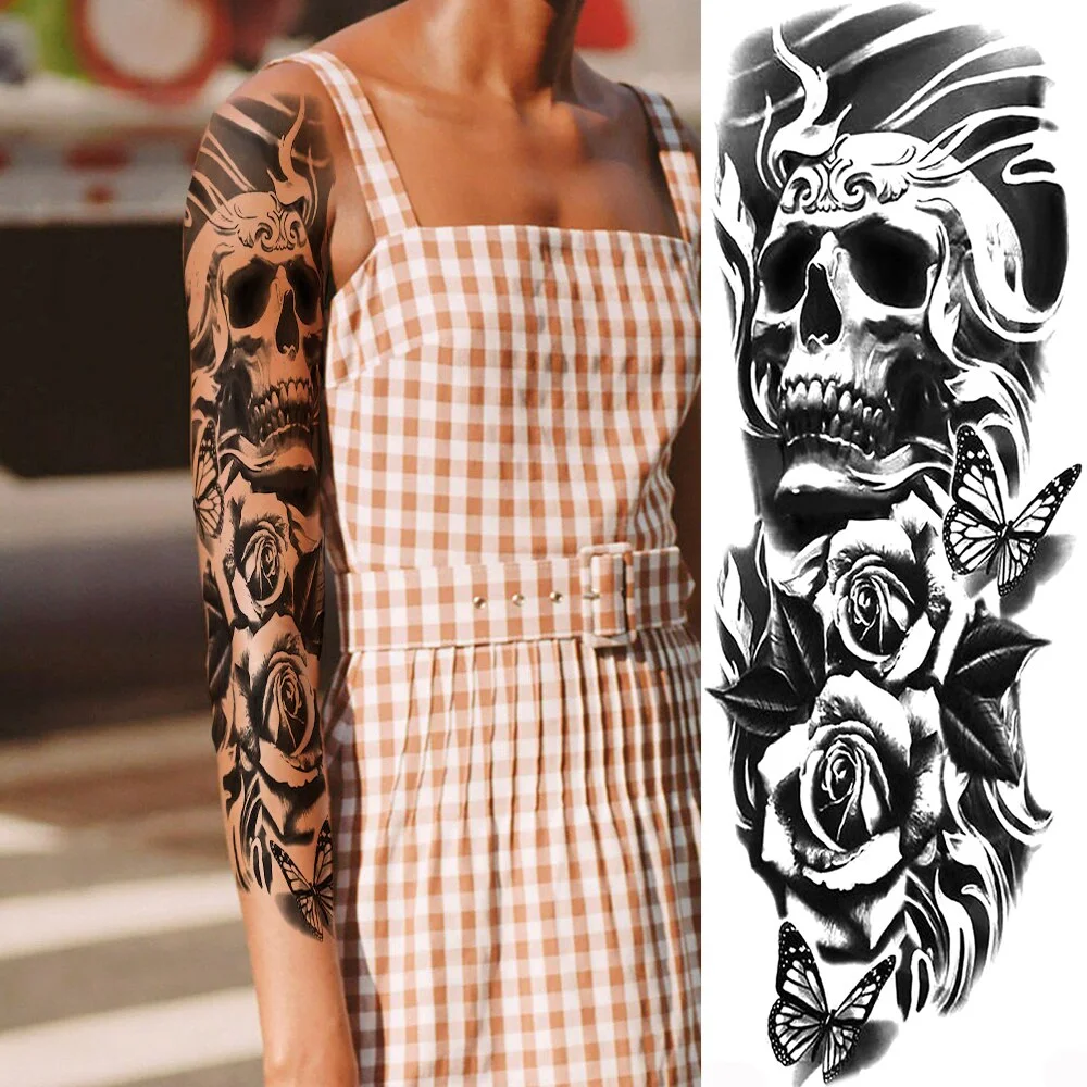 Sdrawing Totem Tattoo Arm Sleeve For Men Women Adult Realistic Fake Skeleton King Temporary Tattoo Evil Eye Demon Death Skull Tatoo