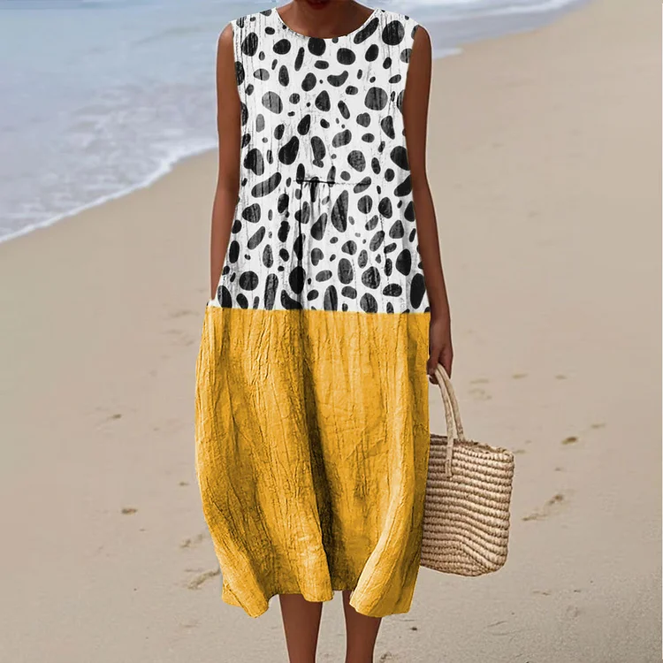 Women's Retro Abstract Spot Art Print Sleeveless Cotton Pocket Wrap Dress