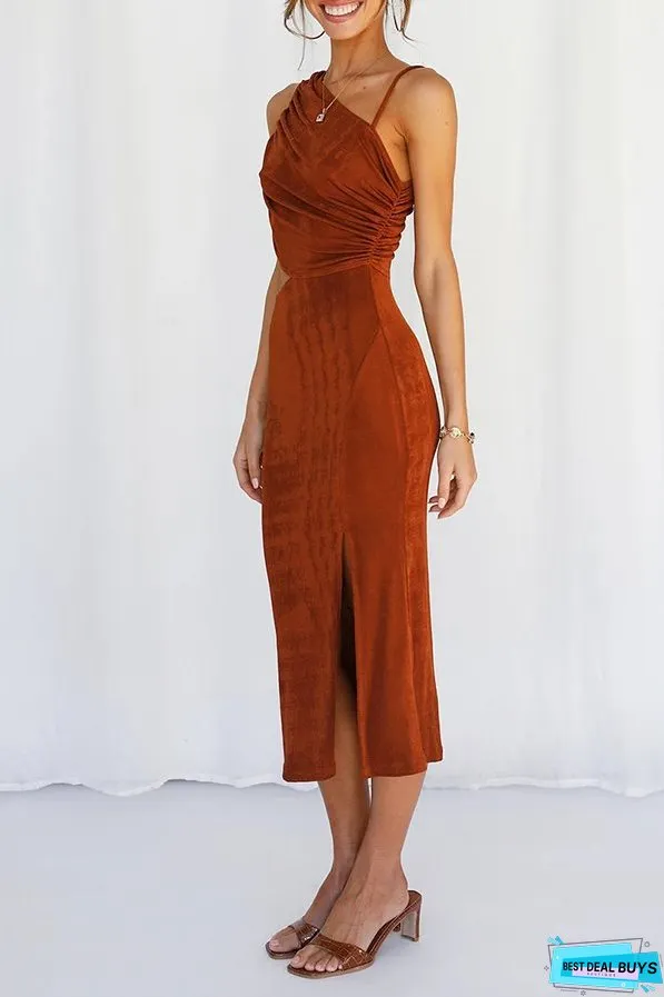 Fashion Elegant Solid Hollowed Out Slit Oblique Collar Pencil Skirt Dresses(5 Colors)