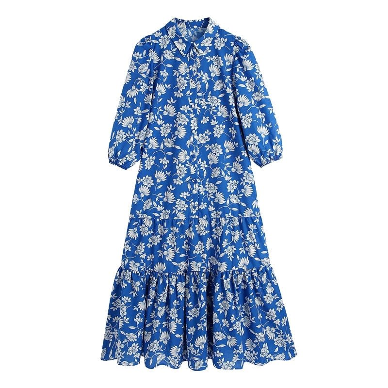 TRAF Women Chic Fashion Floral Print Ruffled Midi Dress Vintage Puff Sleeve Button-up Female Dresses Vestidos Mujer