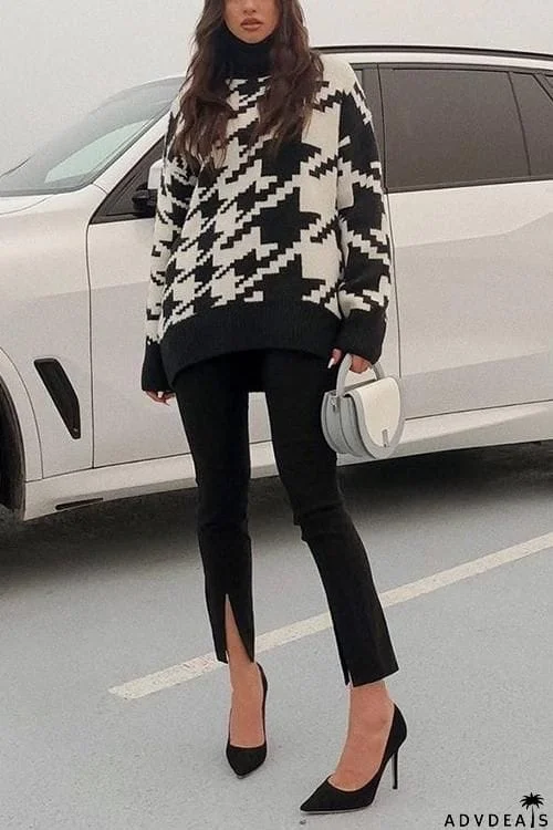 Houndstooth High Collar Sweater