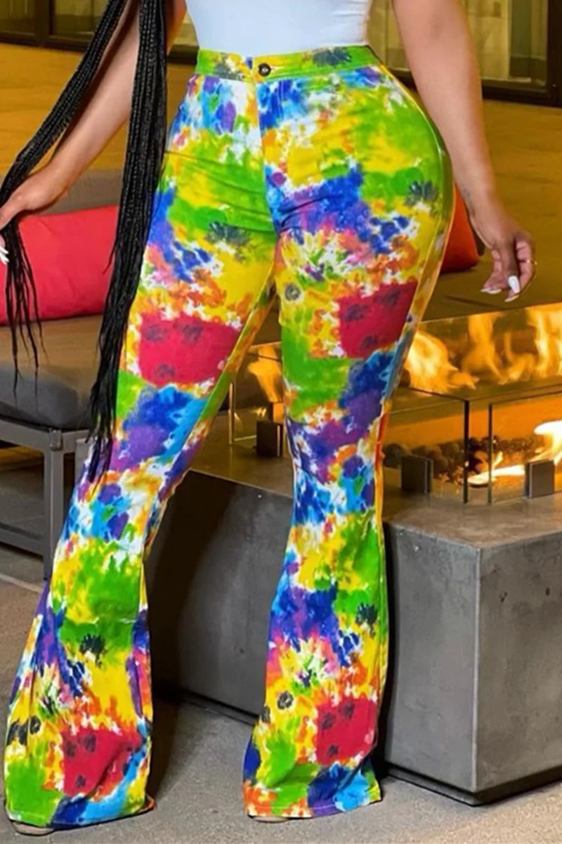 Green Fashion Casual Tie Dye Printing Regular High Waist Wide Leg Trousers