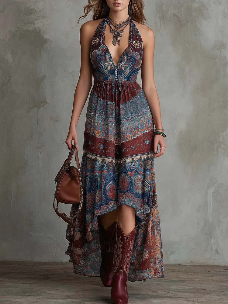 Retro Ethnic-Print Halter-Neck Midi Dress