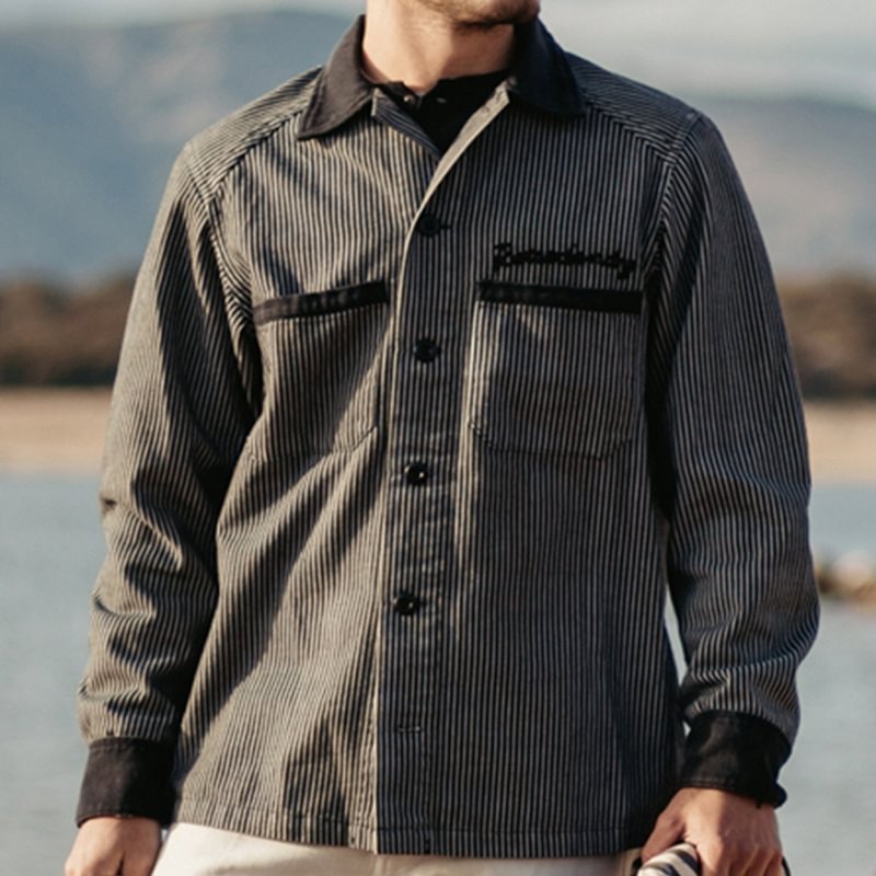American Striped Workwear Contrasting Color Cotton Long Sleeve Shirt