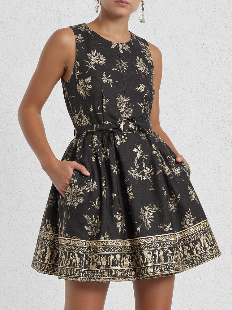  Black Printed Sleeveless Mini Dress