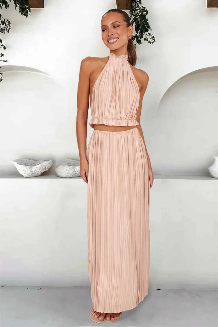Tied Up Halter Neck Backless Crop Top Slit Maxi Skirt Pleated Slim Matching Sets