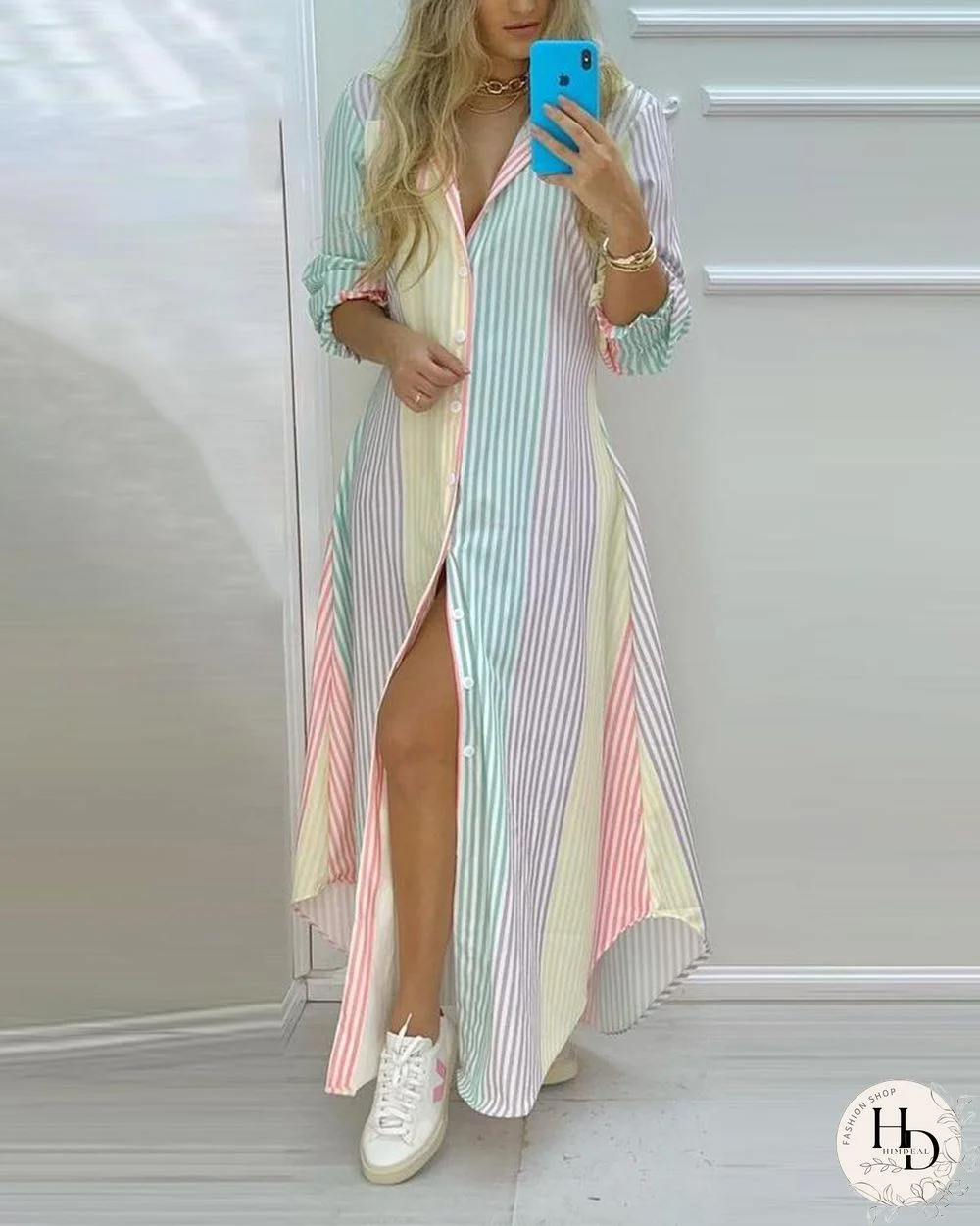 Colorful Stripe Print Button Front High Slit Long Shirt Dress