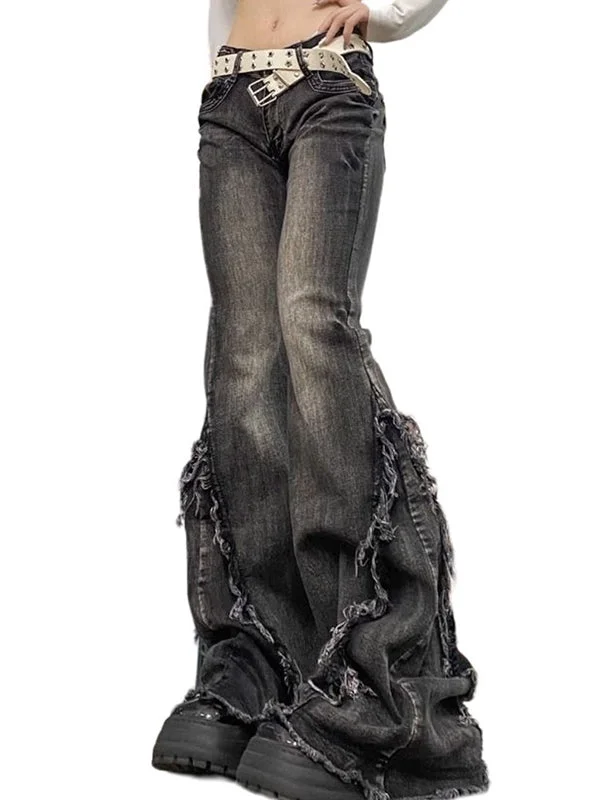 Brownm Black Low Rise Flare Jeans with Fringes