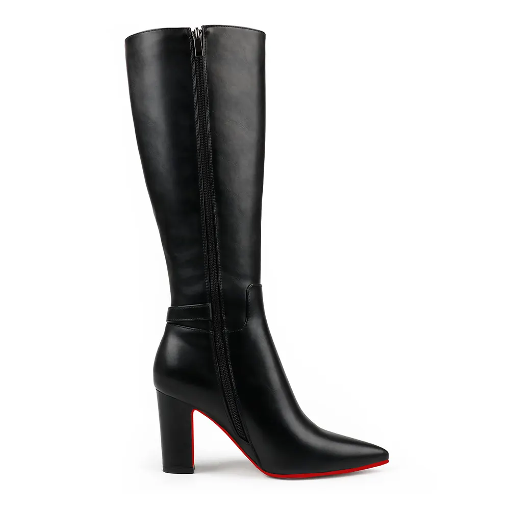 85mm/3.35 inch Women's red bottom matte high heel pointed toe buckle style casual zipper knee high boots-vocosishoes