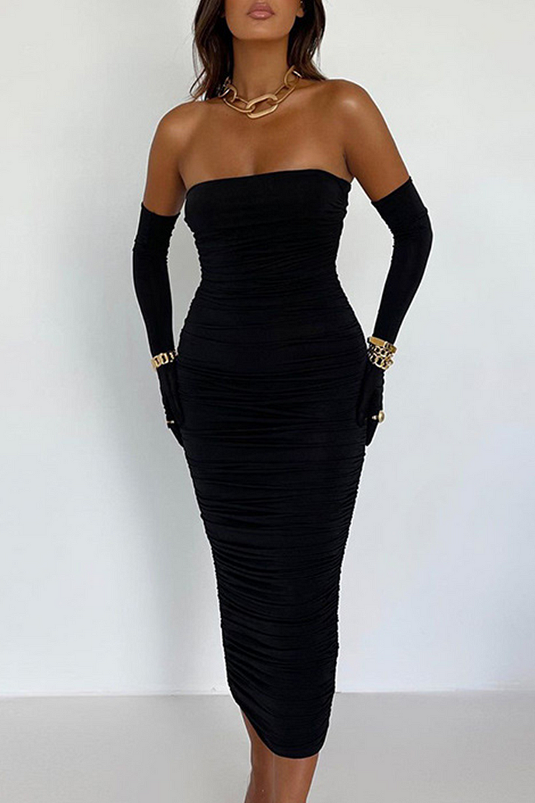 Black Sexy Solid Fold Strapless Pencil Skirt Dresses