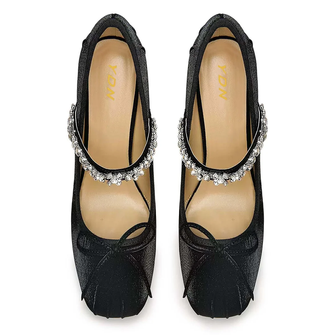 Elegant Velvet Bow Rhinestone Square Toe Flared Heel Black Pumps