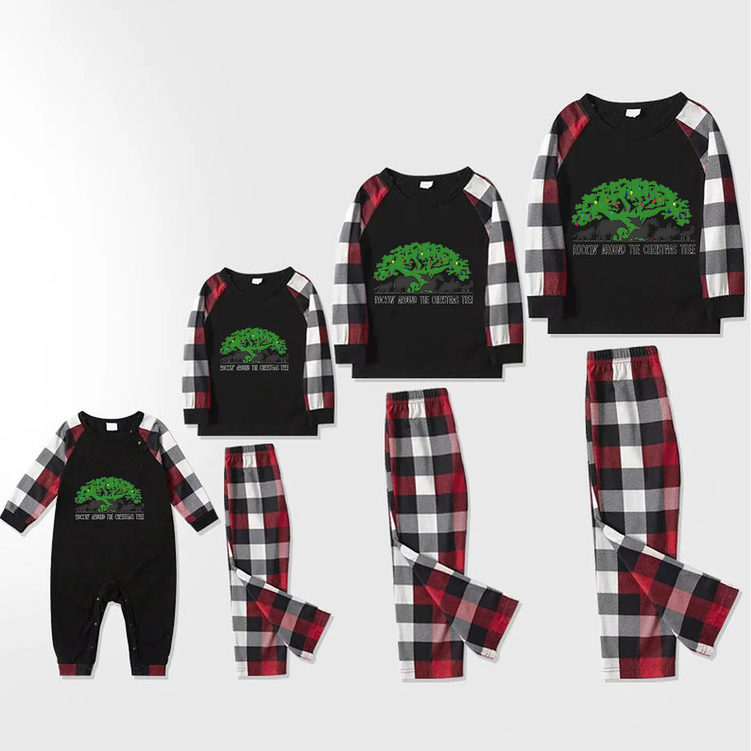 Family Christmas Shirts Christmas Tree Animal Kingdom Animal Kingdom Patterned and 'ROCKIN AROUND THE CHRISTMAS TREE' Letter Print Contrast Tops and Red & Black & White Plaid Pants Family Matching Pajamas Set With Dog Bandana