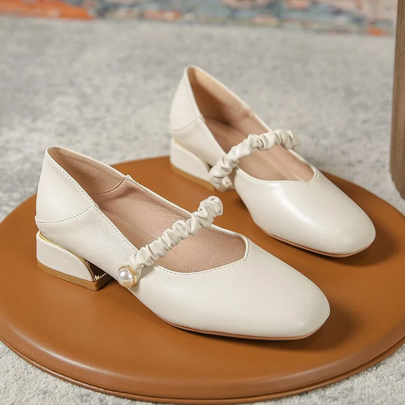 Christmas Gift Big Size 34-43 Women Elastic Belt Shoes 3CM High Heels Ladies Dress Work Shoes Autumn Pumps Woman Square Low Heels Mary Jeans