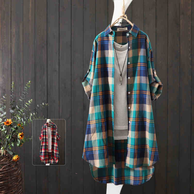 Women Autumn Fashion Button Up Cotton Plaid Shirts