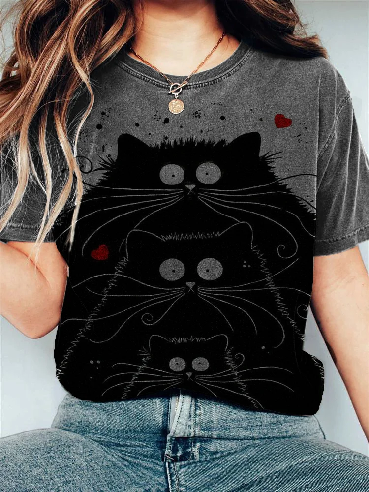 VChics Black Cat Cartoon Print Cotton Blend Shirt
