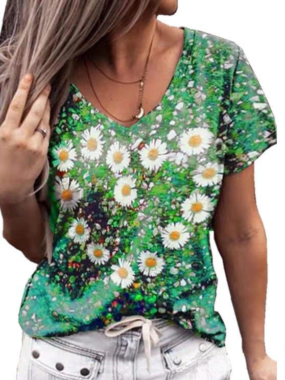 Women Short Sleeve V-neck Floral Printed Top