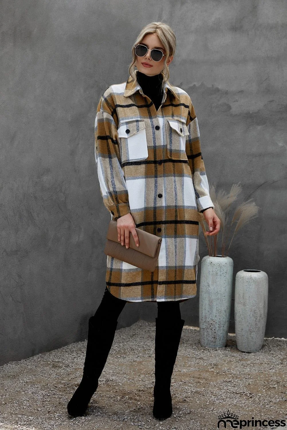 Khaki Turn-down Collar Pocket Button Plaid Coat