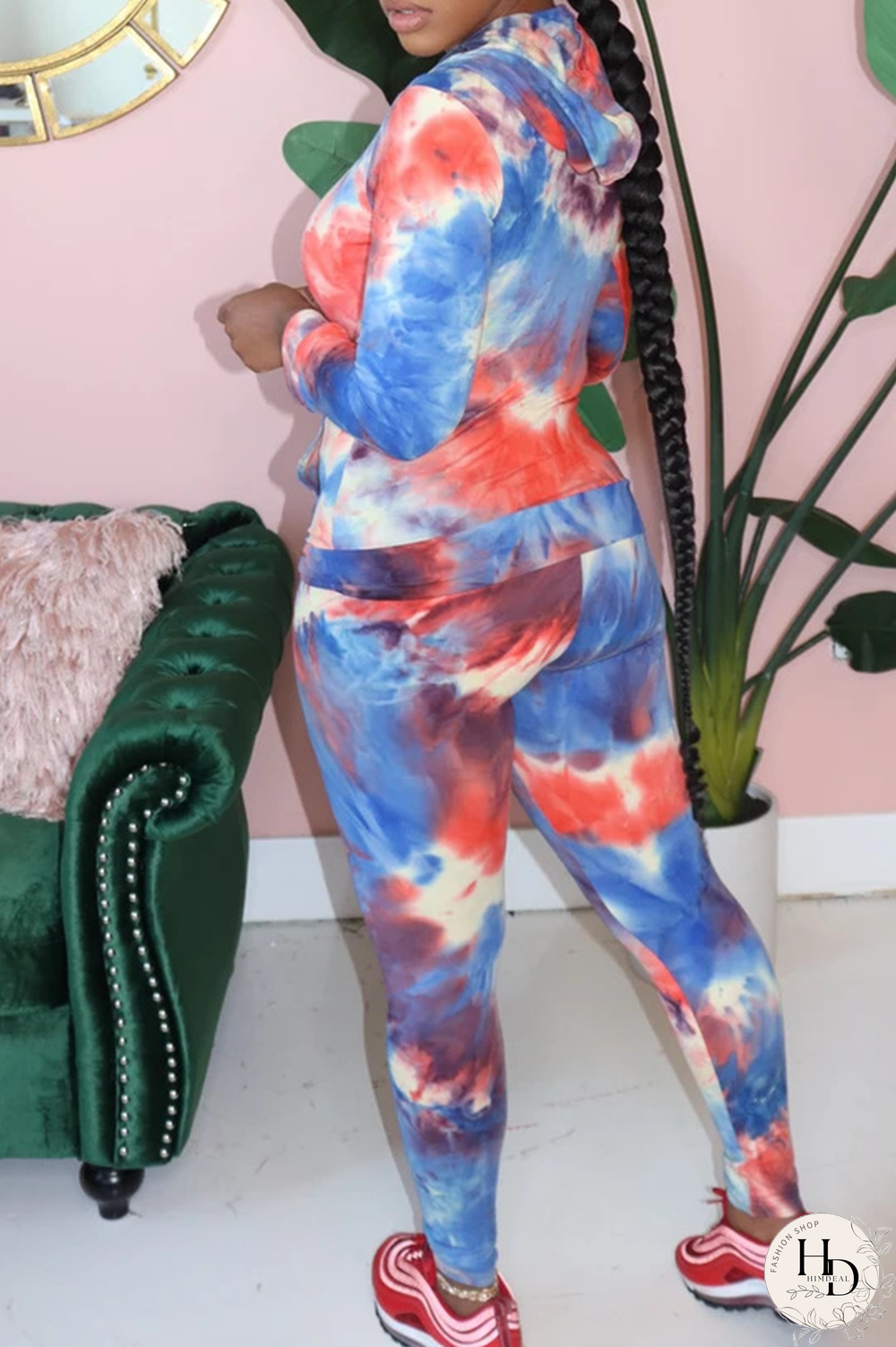 Yellow Casual Patchwork Tie-dye Hooded Collar Long Sleeve Two Pieces