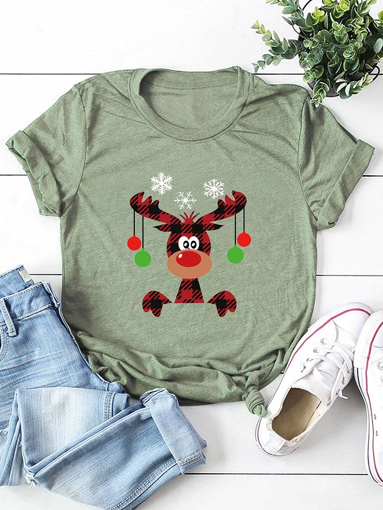 Bestdealfriday Christmas Plaid Elk Snowflake Printed Round Neck Casual Short Sleeve T-Shirt 10130935