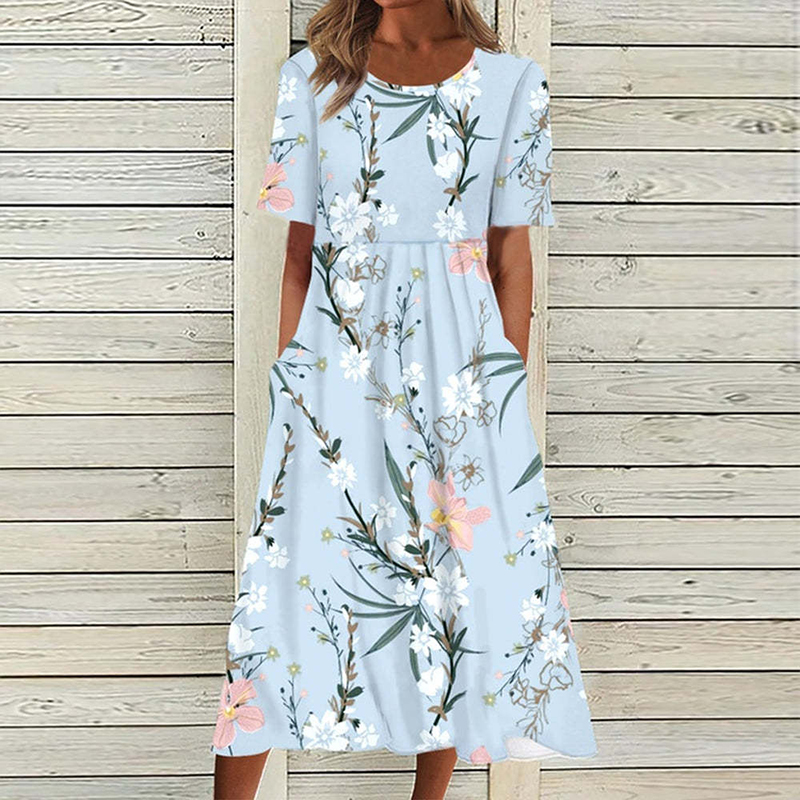 Fashion Casual Printed Round Neck Loose Boho Party Midi Dress