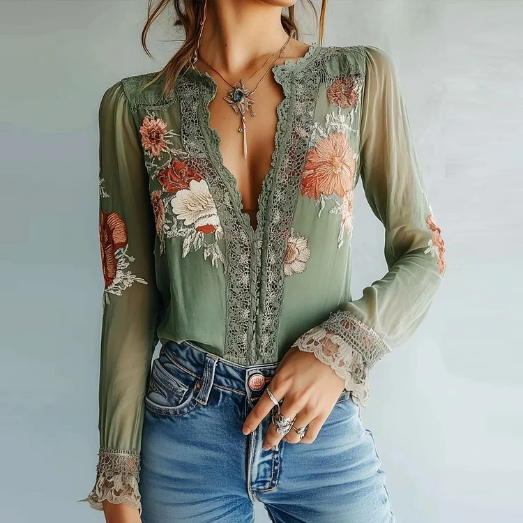 Floral Pattern Lace Trim Deep V Neck Long Sleeve Blouse
