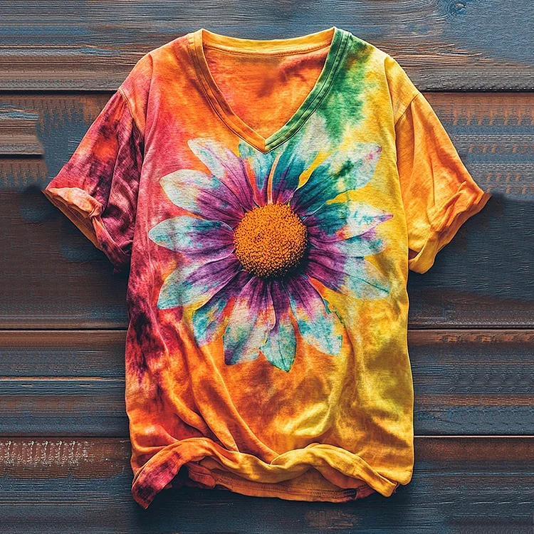 Colorful Daisy Print Casual V-neck T-shirt