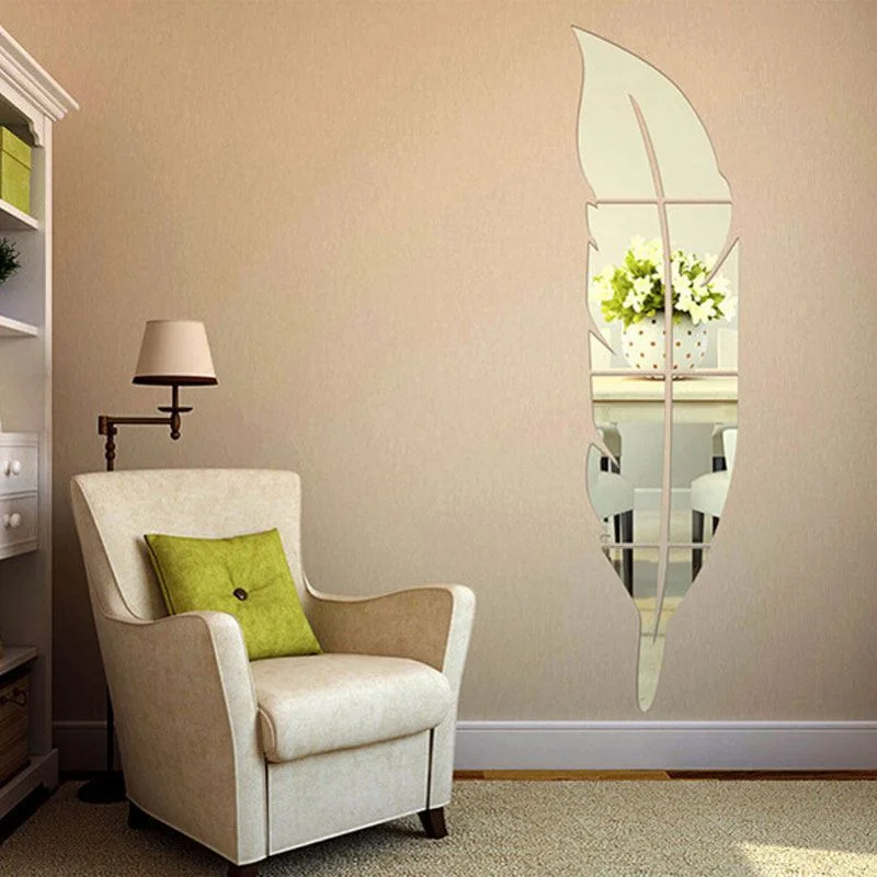 1pcs Feather Reflector Ball Room Bathroom Decor Acrylic Wall Mirror Irregular Mirror Living Room Decoration Mini Sticker Mirror