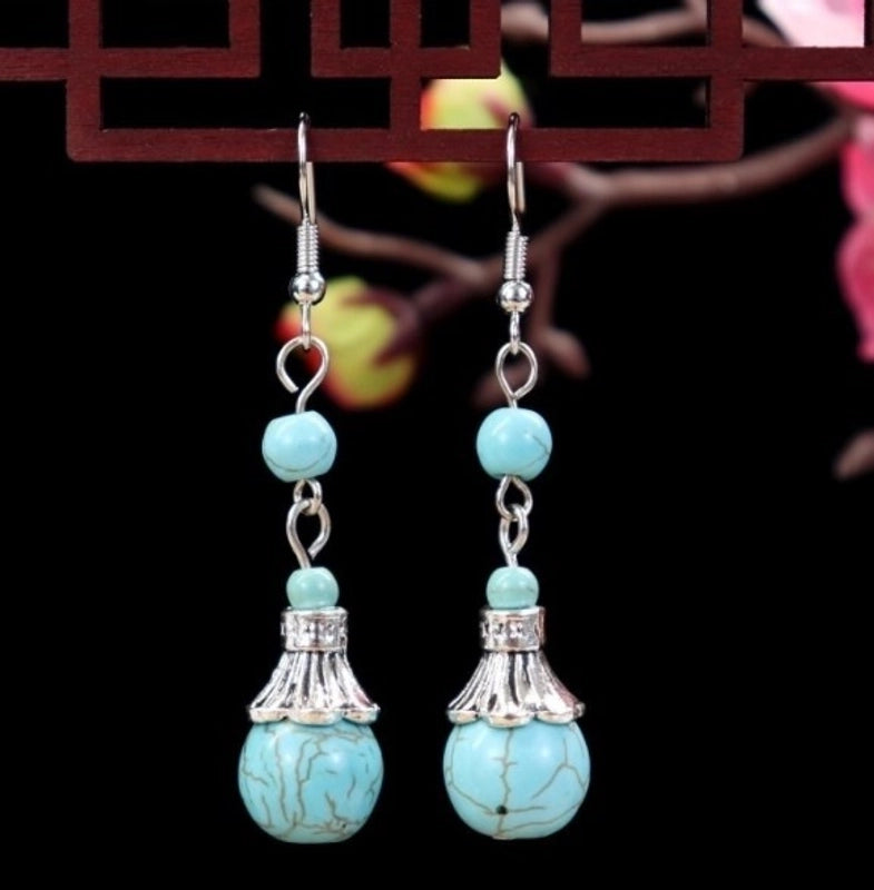 1 Pair Elegant Lady Ethnic Style Owl Flower Butterfly Turquoise Drop Earrings