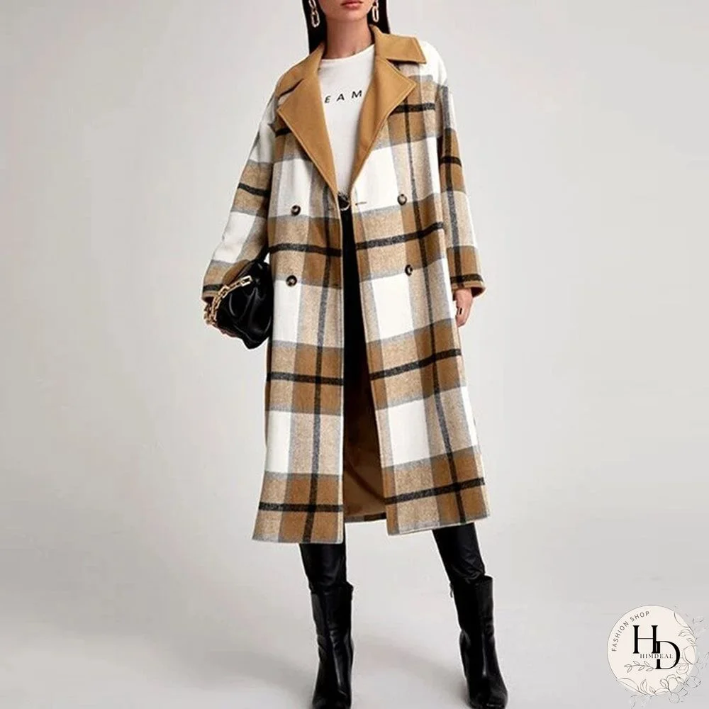 Fall Elegant Plaid Print Tweed Long Coats Fashion Turn-down Collar Button Loose Outerwear Winter Women Casual Long Sleeve Jacket