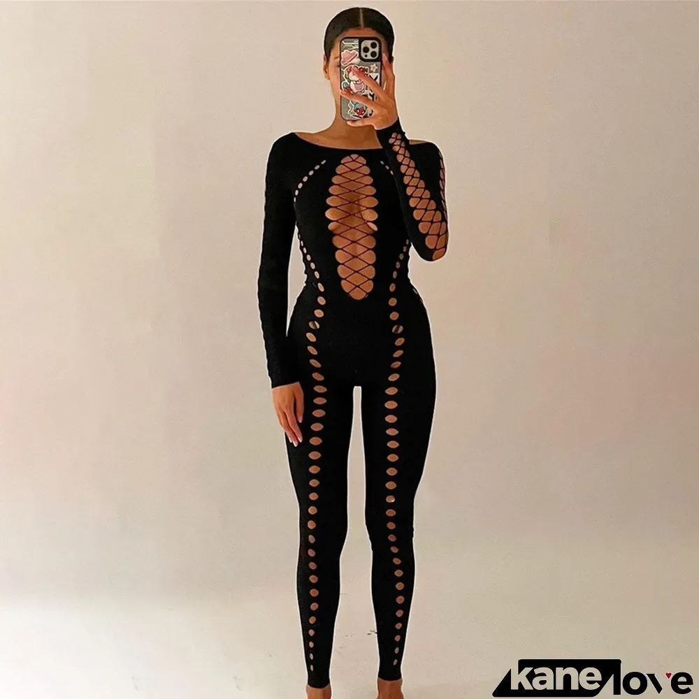 Autumn Winter Women's Fashion Sexy Ripped Hollow Solid Color High Stretch Long Tight Fitting Jumpsuit