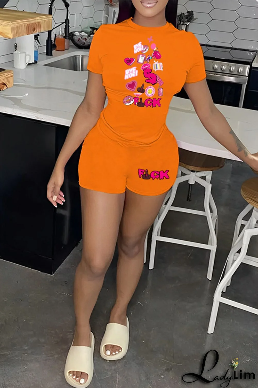 Orange Casual Print Patchwork O Neck Short Sleeve Two Pieces