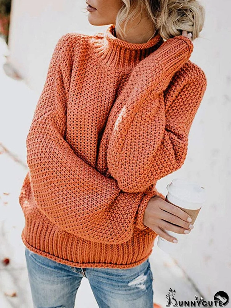 Casual Long Sleeves Solid Color High-Neck Sweater Tops