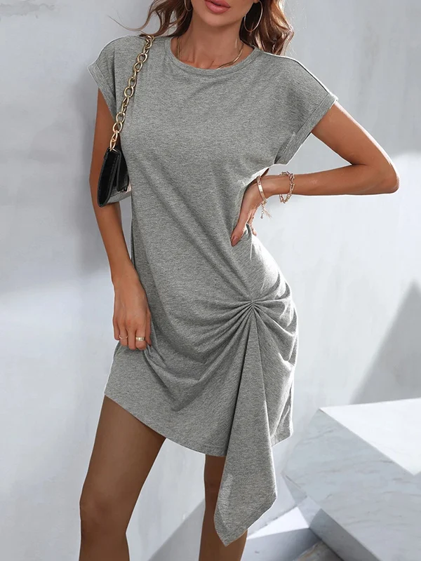Casual Short Sleeves Pleated Round-Neck Gray Mini Dress