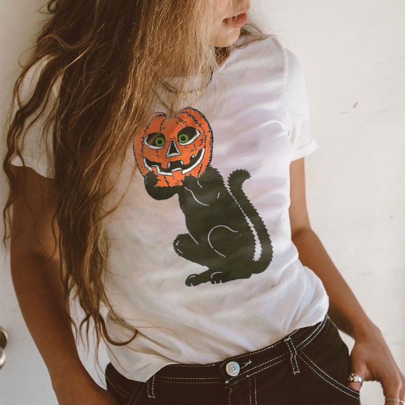 Cat's Wearing Pumpkin Lamp Hat Printed Women's T-shirt - Krazyskull