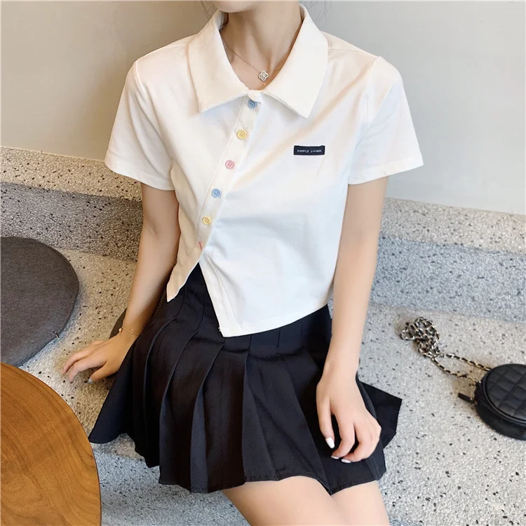 Brownm Brownm Cotton 2024 Summer New Polo Shirt Short-Sleeved T-Shirt Female Slim High Waist Lapel Short Style Student Jacket Tide