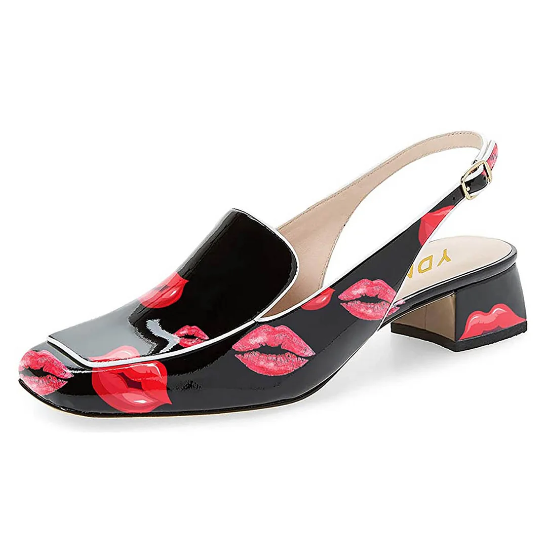 Black Kiss Print Square Toe Slingback Chunky Heeled Loafers