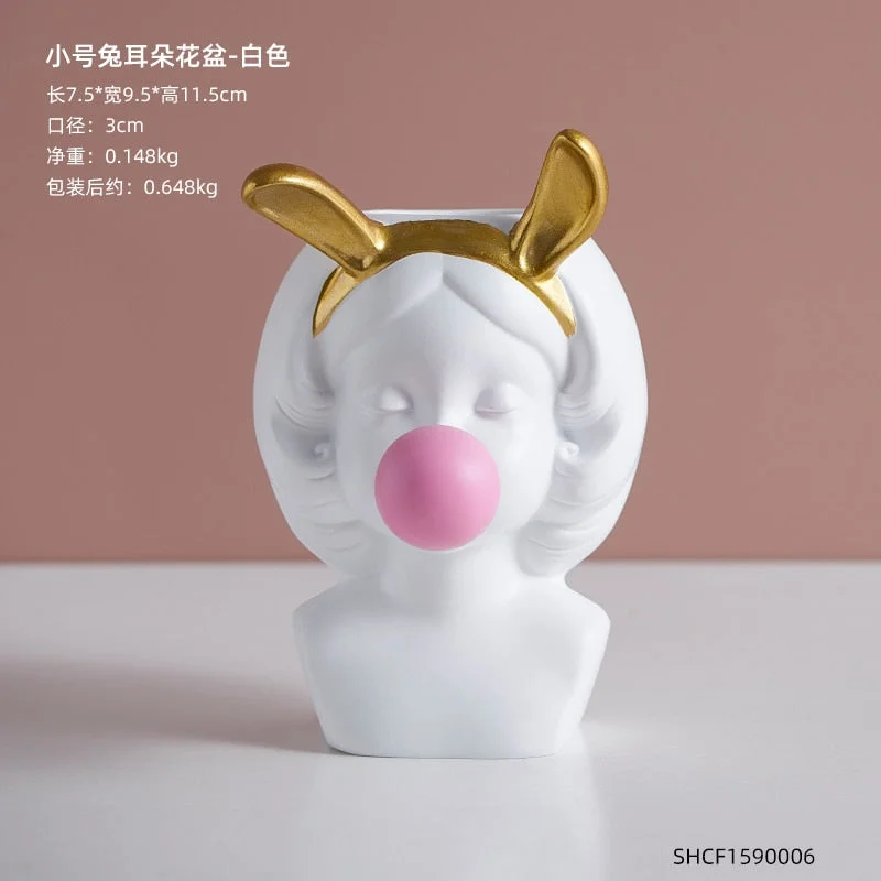 Nordic style girl flower pot plant resin flower pot rabbit ear/cat ear girl potted modern living room decoration decoration gift
