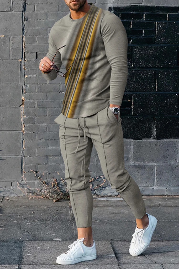 Men's Color Blocking Long Sleeve T-Shirt And Pants Two Piece Set