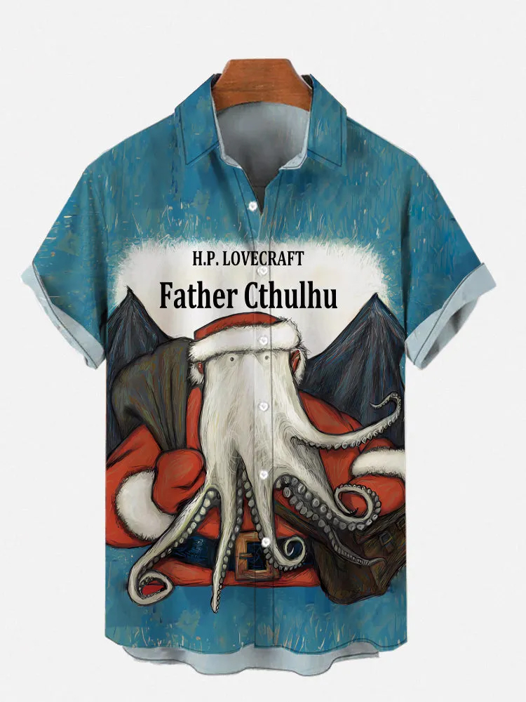 CopyMen's Cartoon Mysterious Sea Monster Santa Claus Print Short Sleeve Shirt PLUSCLOTHESMAN