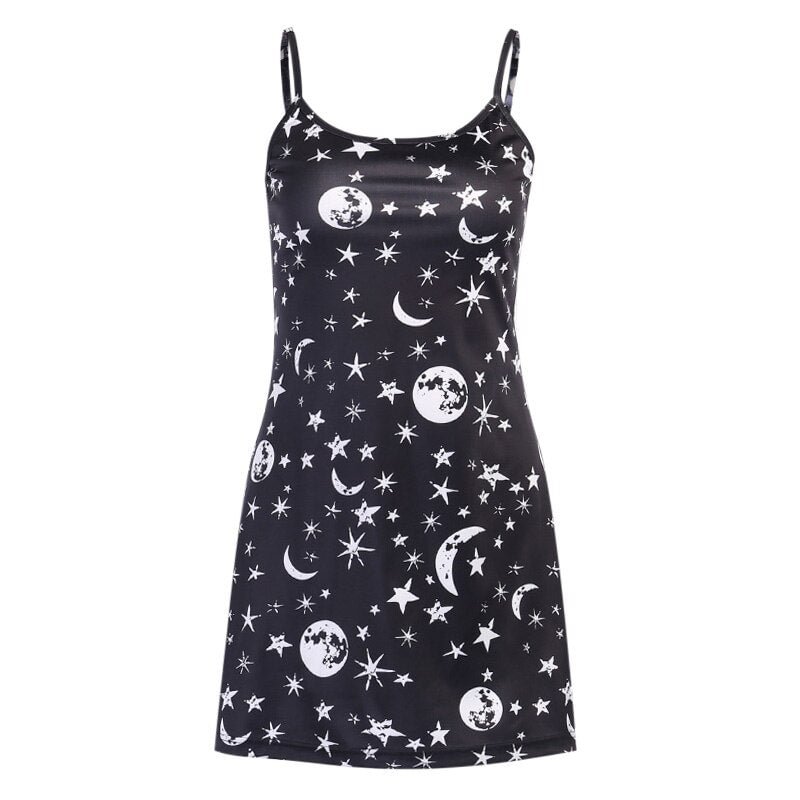 InstaHot Black Spaghetti Straps Dress Sleeveless Lady Gothic Backless A-line Mini Dress Women Summer Star Moon Print Sexy Dress