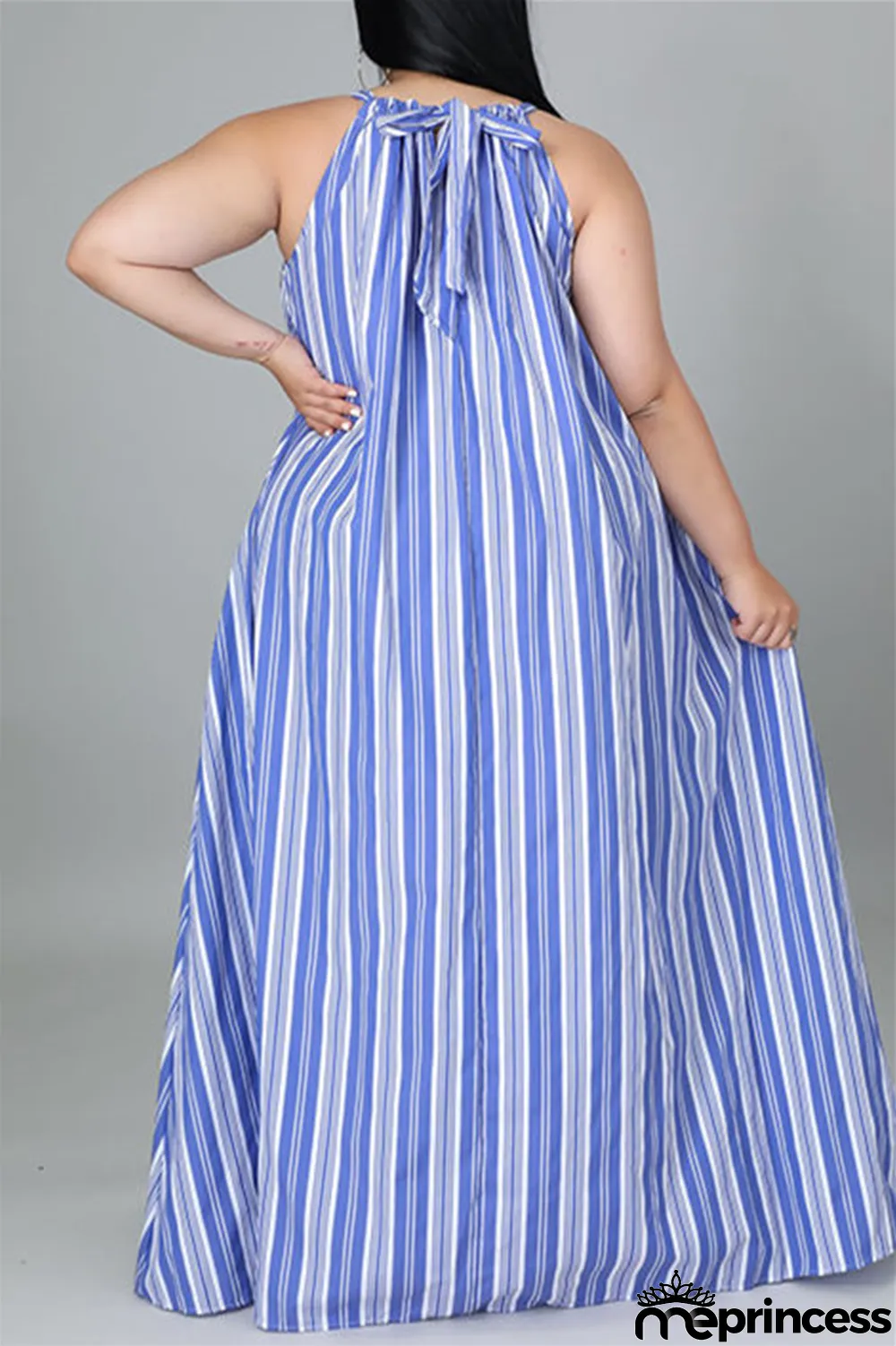 Light Blue Fashion Casual Plus Size Striped Print Backless O Neck Sleeveless Dress