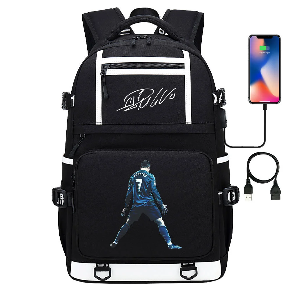 Buzzdaisy Cristiano Ronaldo Printed Backpack with USB Charging Port and Laptop Protection - Multi-Pocket Large Capacity Schoolbag