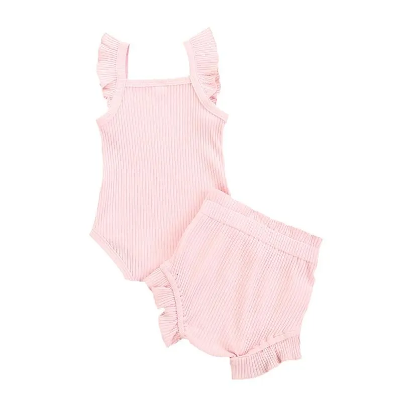 2021 Baby Summer Clothing Baby Girl Tops, Lace Up Pants Suit, Square Neck Short Ruffle Sleeve Romper, Loose Flouncing Shorts