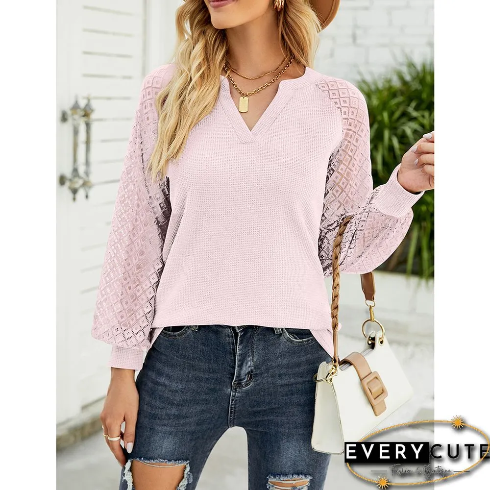 Pink Splicing Lace Long Sleeve V Neck Tops